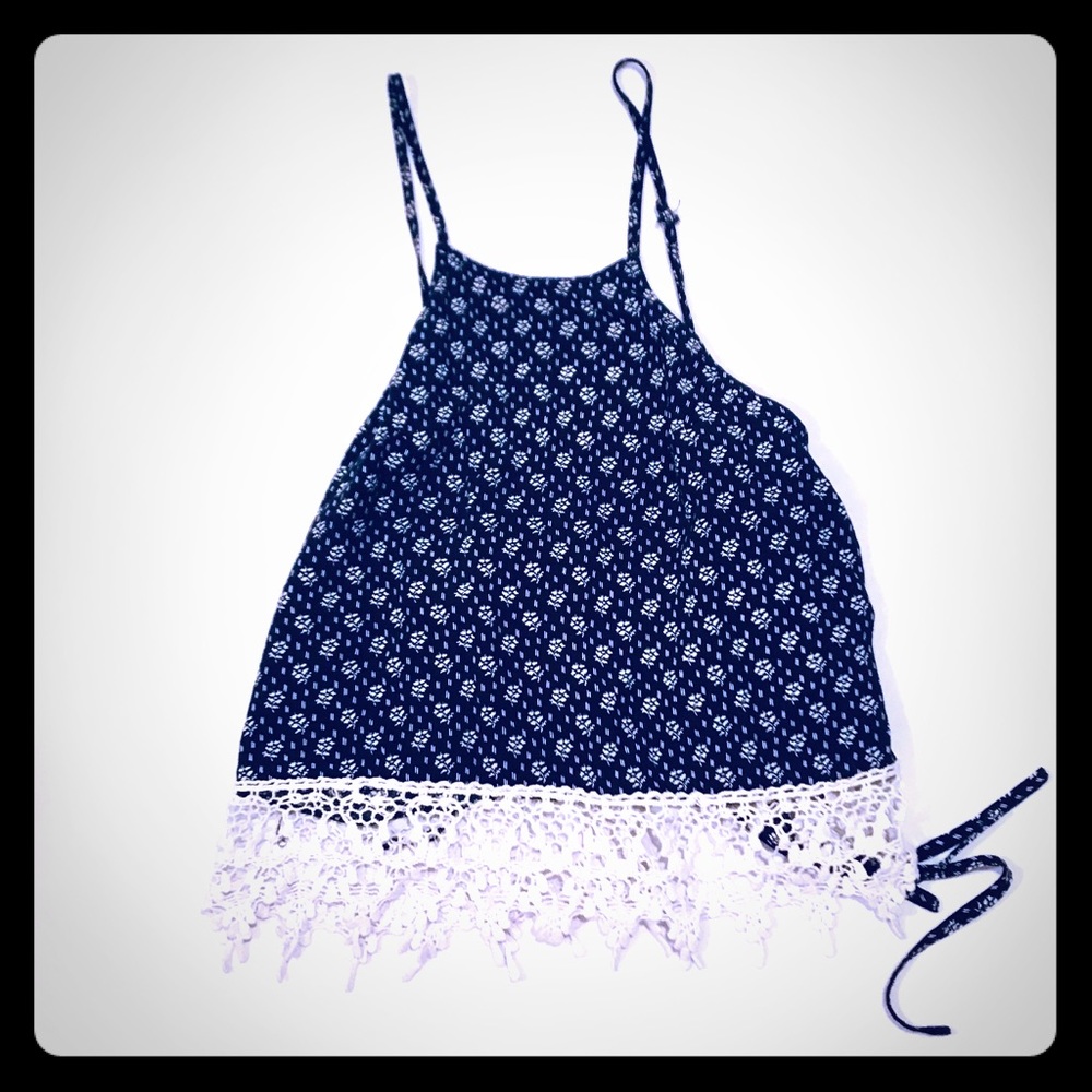 Navy Bohemian tank with crochet detailing.